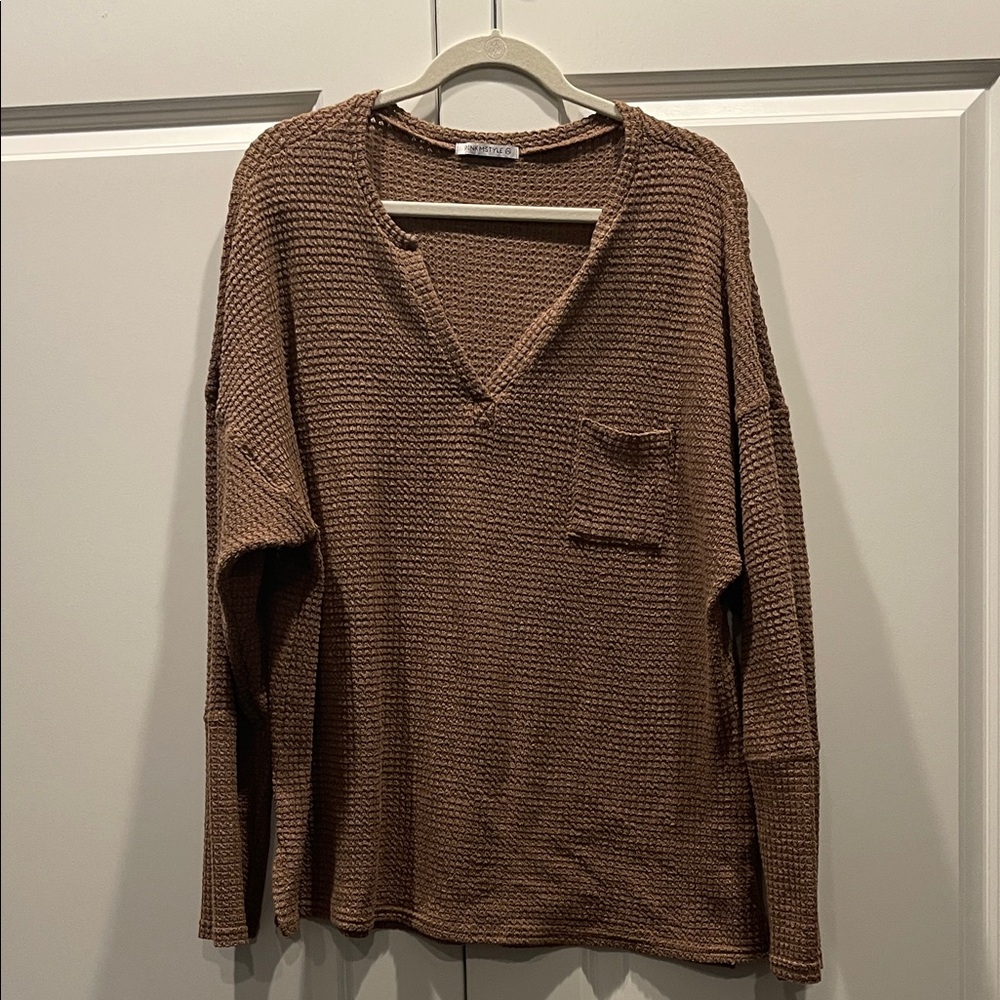 Pinkmstyle Brown Waffle Knit Long Sleeve Top size 2X